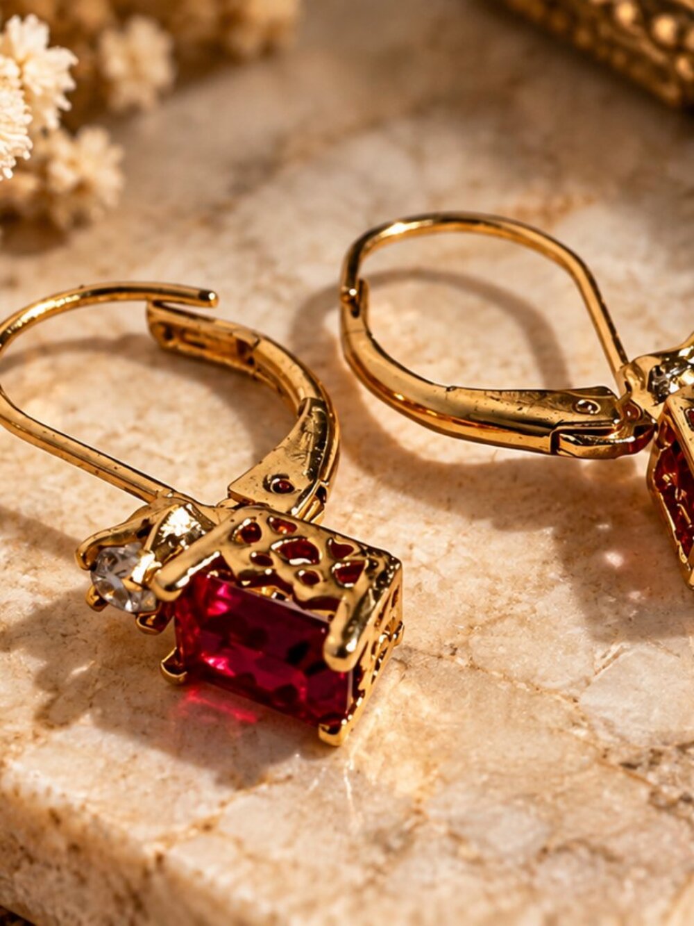 Vintage Gold Tone Red Crystal Leverback Drop Earrings